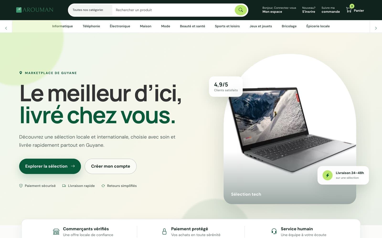 Page d'accueil de la marketplace Arouman : catalogue par catégories, recherche de produits et livraison en Guyane
