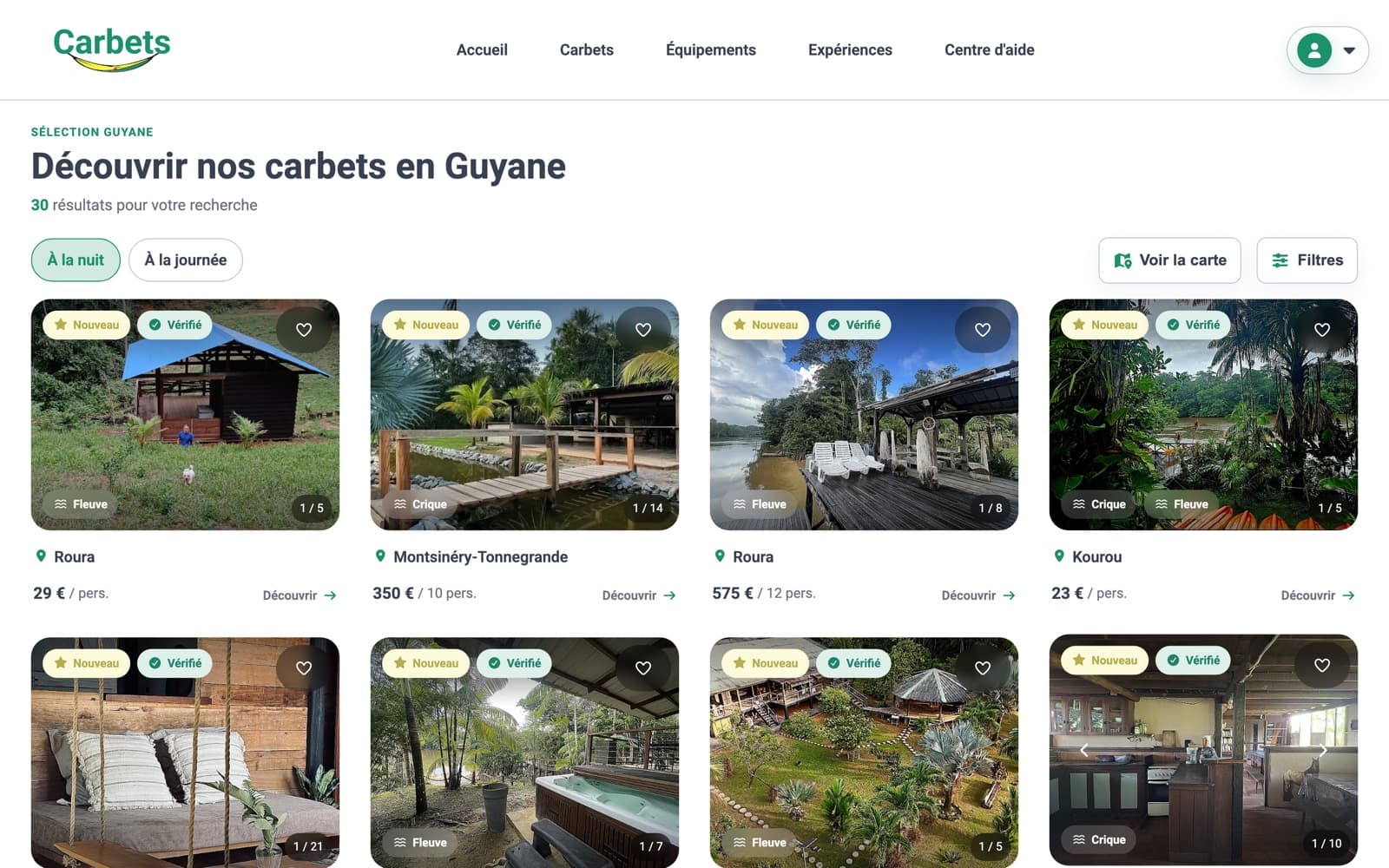 Page de recherche de carbets.fr : annonces de carbets en Guyane avec photos, lieux et tarifs