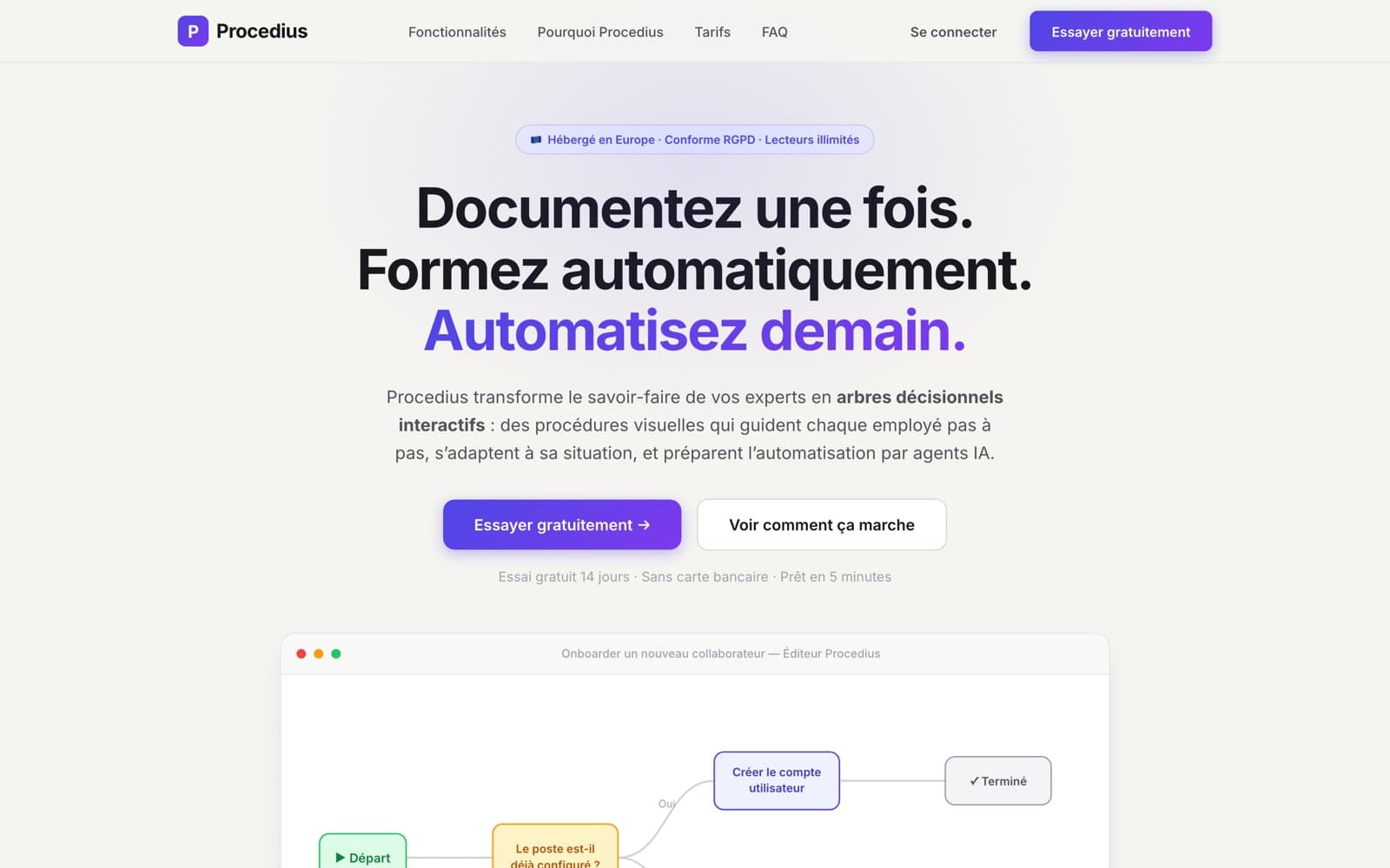 Page d'accueil de Procedius : « Documentez une fois. Formez automatiquement. Automatisez demain. » avec l'éditeur d'arbres décisionnels