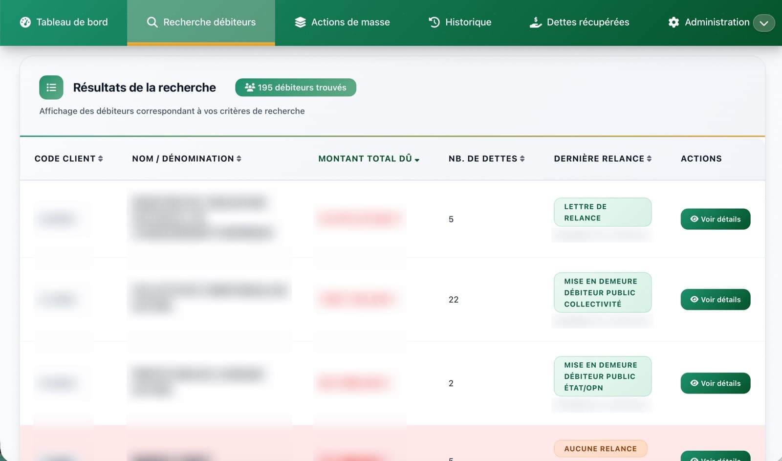 Interface de recherche des débiteurs de l'application de gestion de relances (données floutées) : tableau des montants dus, relances envoyées et actions